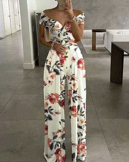 Macacão Floral com Decote em V para Mulheres, com Bolsos, Caimento Relaxado, Adequado 193