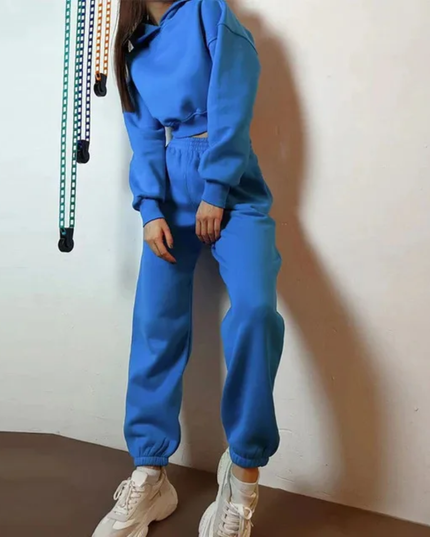 Conjunto feminino de top cropped com capuz e calça de moletom 208