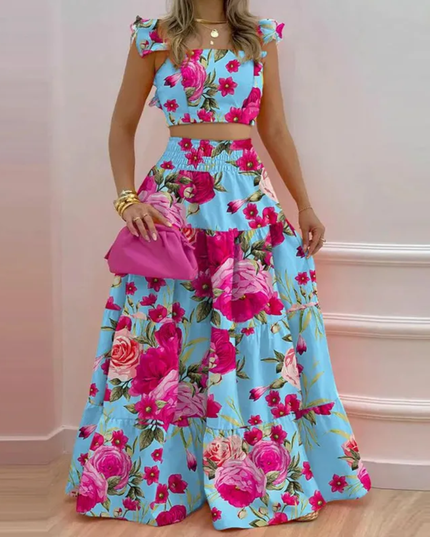 Conjunto de Verão de duas peças para mulheres, Saia Evasê Sensual com Alças e Cintura Média, Estampado na Moda 192