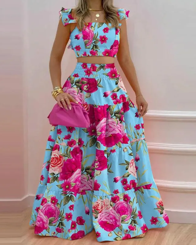 Conjunto de Verão de duas peças para mulheres, Saia Evasê Sensual com Alças e Cintura Média, Estampado na Moda 192