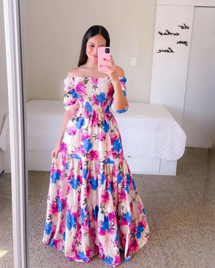 Vestido longo feminino sem alças com estampa de borboletas 209