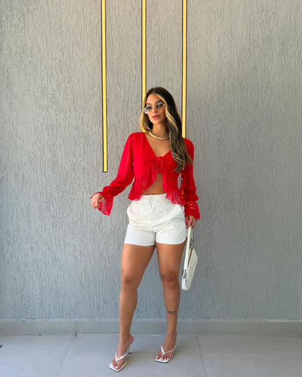 Top curto com babados e mangas bufantes blusa 26