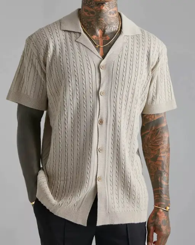 Homem Meia-Noite Camisa Casual Masculina de Manga Curta Cor Sólida, Verão, Camisa de Praia Branca com Botões e Textura Masculina 592