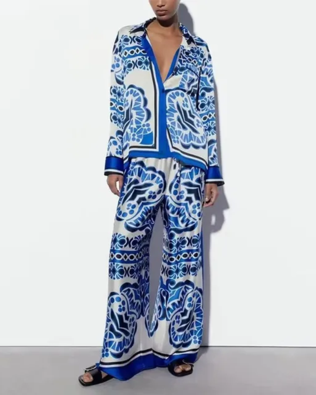 Conjunto de Camisa e Calça Feminino Casual e Elegante com Blocos de Cor, Impressão Geométrica Vintage, Decote V, Manga Longa 194