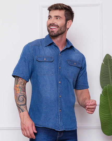 Masculina Camisa Jeans importado chic manga curta com Bolso 476