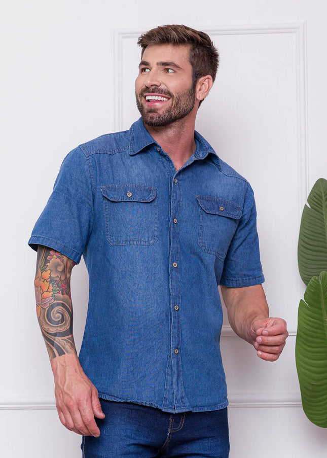 Masculina Camisa Jeans importado chic manga curta com Bolso 476