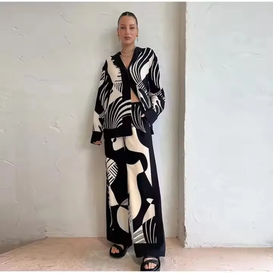 Conjunto de Camisa e Calça Feminino Casual e Elegante com Blocos de Cor, Impressão Geométrica Vintage, Decote V, Manga Longa 194