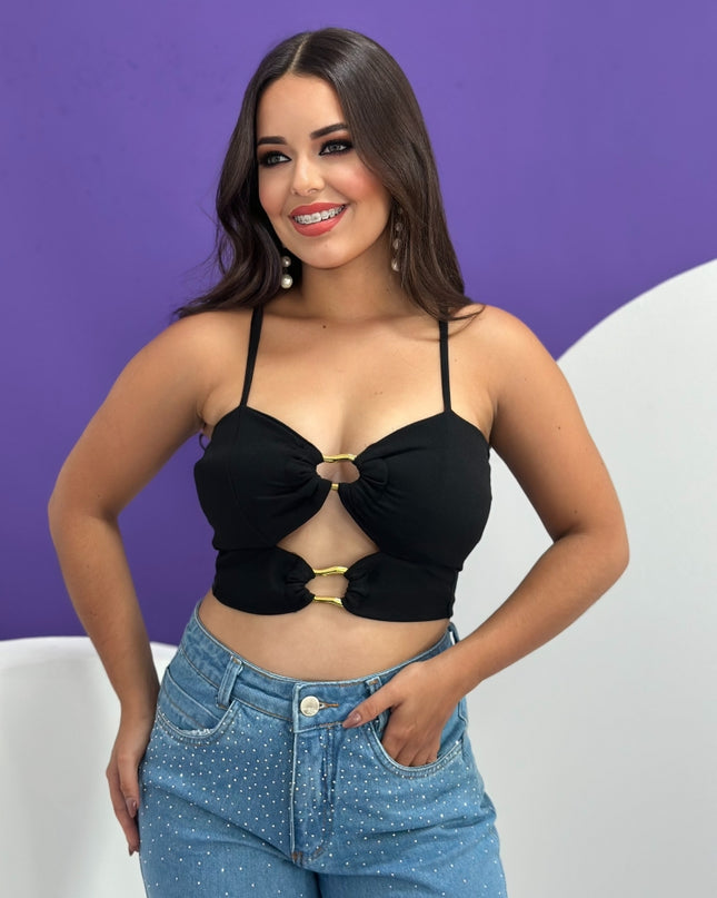 Cropped Blusa Femenina Detalhe Frontal com Alças Possui Bojo Nova Tendencia Tecido de malha 563