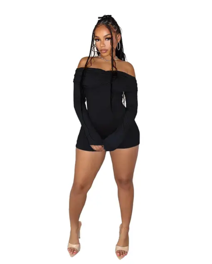 Macacão de manga longa com ombros caídos e pregas em cor sólida 495