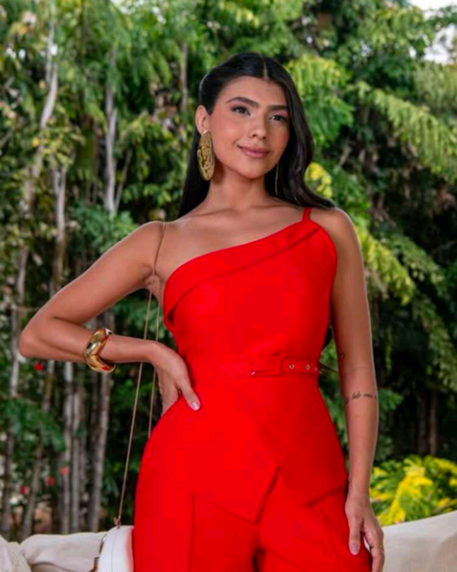 Conjunto Feminino Blusa 1 ombro Assimetrica e calça Pantalona Com cinto 326