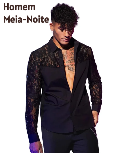 Homem Meia-Noite Camisa de Botão com Renda Contrastante de Algodão para Homens, Outono, Itens para Casais 607