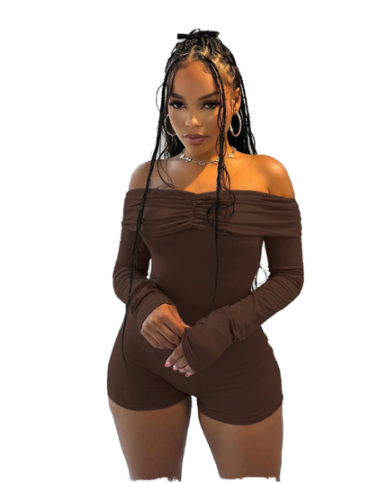 Macacão de manga longa com ombros caídos e pregas em cor sólida 495