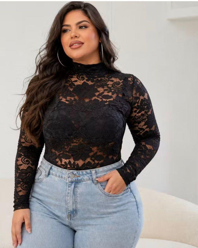 Top Feminina Plus Size Sexy, Transparente e Justa de Manga Longa em Renda, Top Minimalista 593