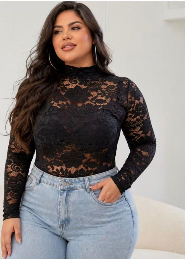 Top Feminina Plus Size Sexy, Transparente e Justa de Manga Longa em Renda, Top Minimalista 593