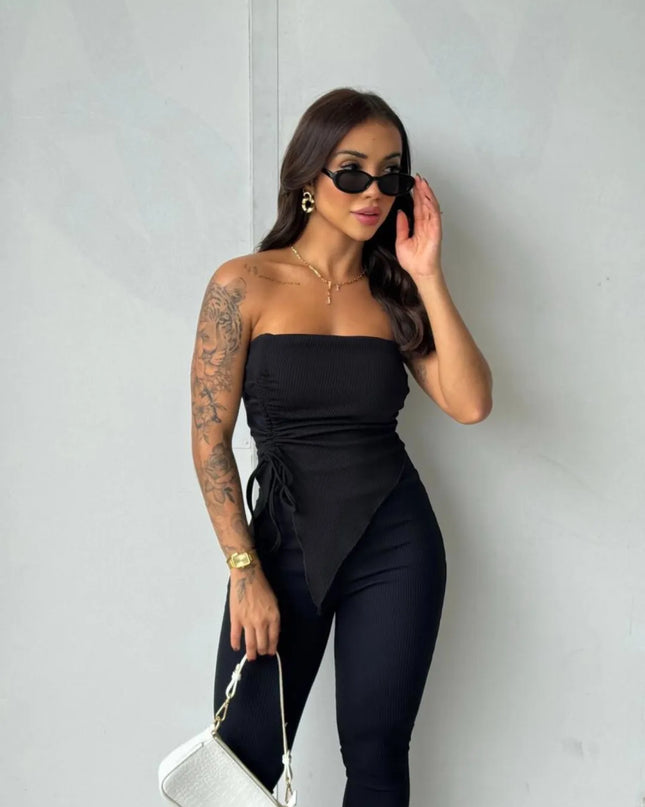 Conjunto cibelly calça canelada blusinha ponta de lado ajustavel 88