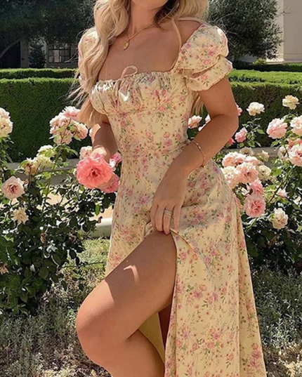 Vestido estampado floral feminino com decote quadrado Vestidos franceses com bainha dividida Elegante 190