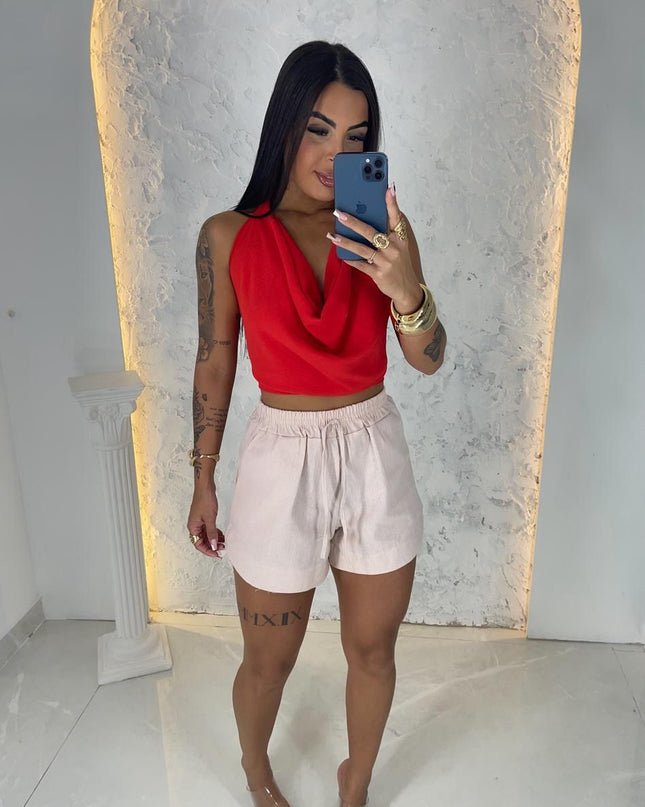 Top de Verão Estilo Retro Y2K, Cropped com Decote Halter, Costas Abertas, Pregueada, Drapeada 335