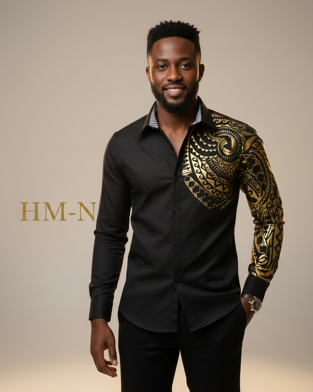 Homem Meia-Noite Top Masculina de Manga Longa com Botões, Casual, Estampa Geométrica Contrastante, Gráfico Disco, Gola 608