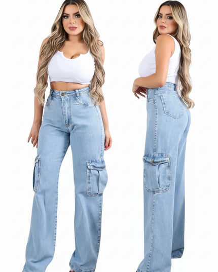 Calça Jeans Feminina Wide Leg Cargo Cintura com Bolsos Lavagem Clara Gringa Moda Street 457
