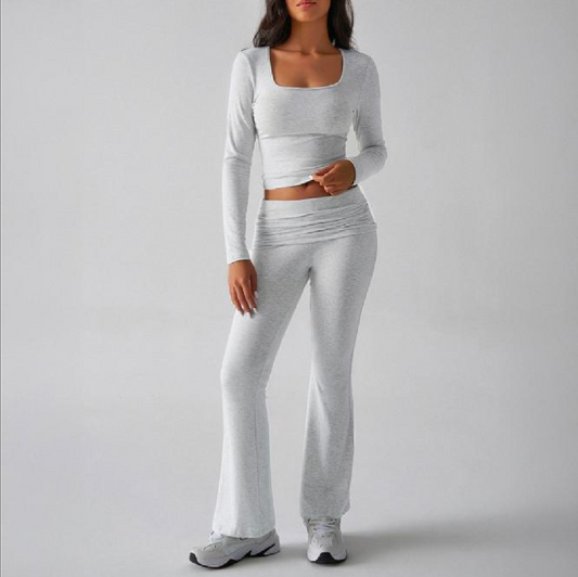 Conjunto de Duas Peças Feminino para Outono, Slim, Sexy, Cor Sólida, Top de Manga Longa com Gola Quadrada e Calça 118