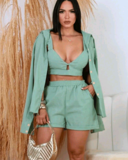 Conjunto de 3 peças Feminino Camisa Shorts e Top em Linho 298