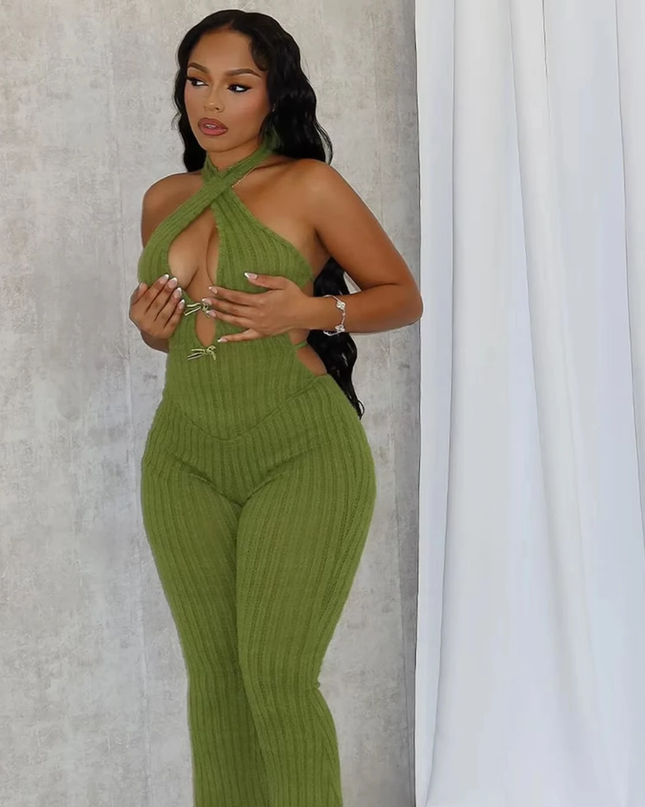 Macacão Slim Fit de Cor Sólida para o Verão, Regata com Halter, Bandagem Costas Nuas, Casual para Mulheres 507