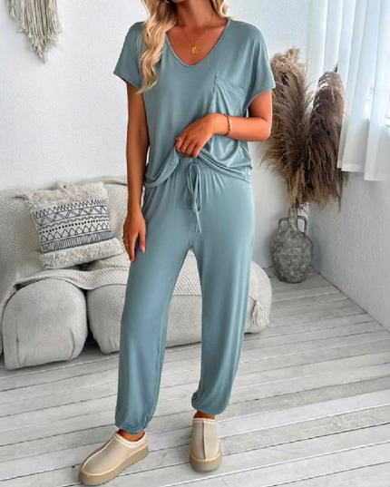 Conjunto Feminino de Visco Lycra Blusa Gola V e Calça Pantalona 121