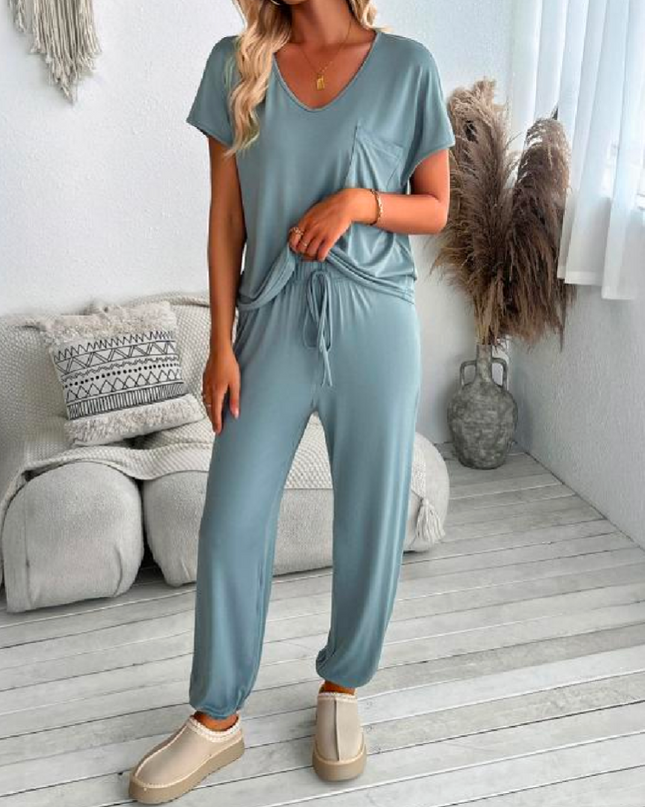 Conjunto Feminino de Visco Lycra Blusa Gola V e Calça Pantalona 121