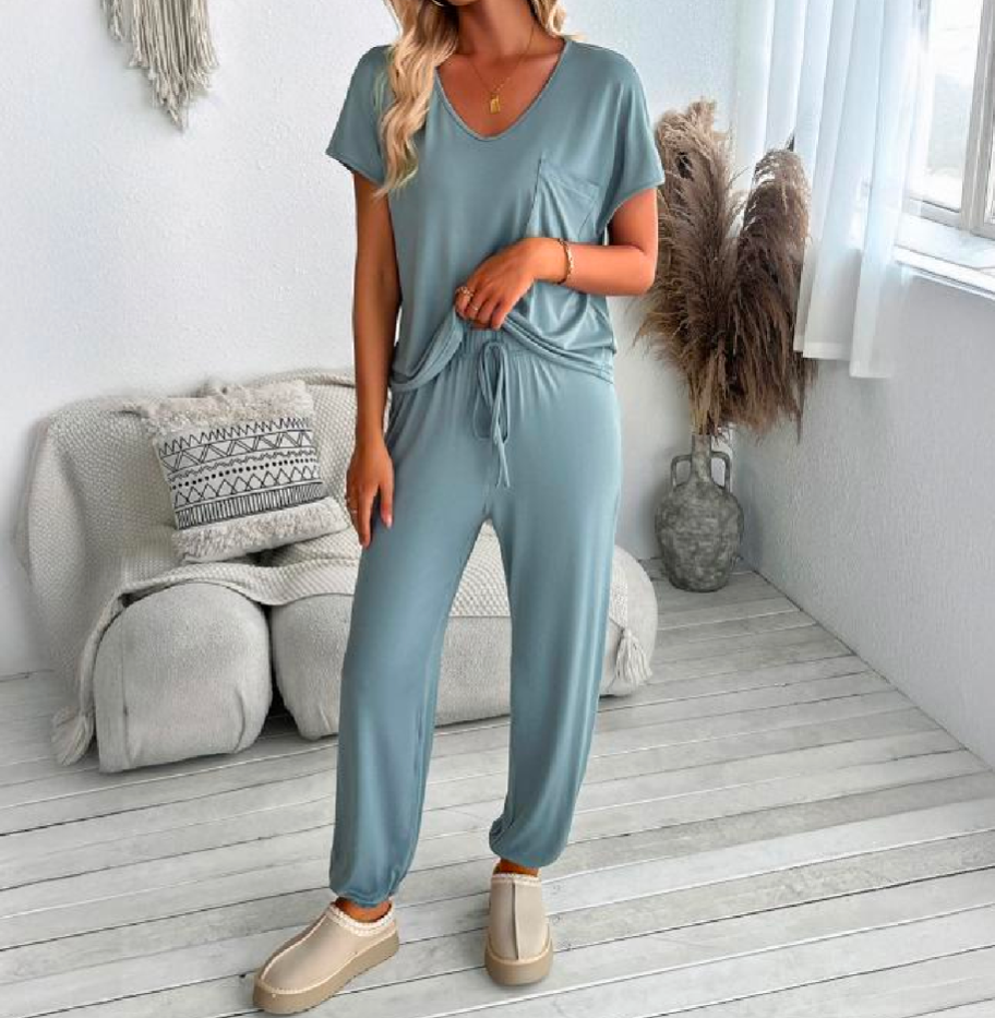 Conjunto Feminino de Visco Lycra Blusa Gola V e Calça Pantalona 121