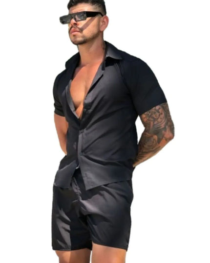 Conjunto Camisa e Short Lisa Havaiano Estampado Listrado Masculino Tecido de Viscolinho com elastano 464