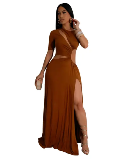 Vestido feminino justo, sexy, de manga curta, com recorte e fenda longa maxi 490