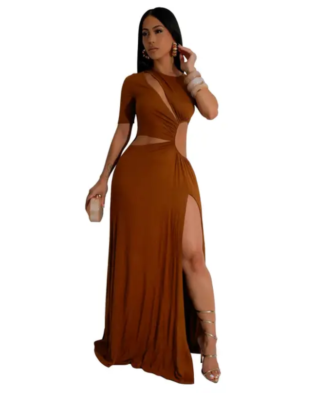 Vestido feminino justo, sexy, de manga curta, com recorte e fenda longa maxi 490