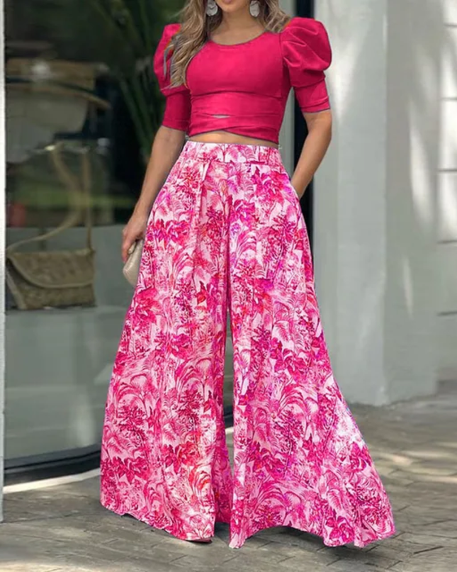 Conjunto Blusa Manga Curta Princesa Blusinha Bufante e calça de perna larga estampada 202