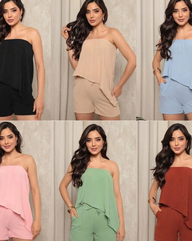 Conjunto de duas pecas de verao para mulheres top tubo e shorts 97