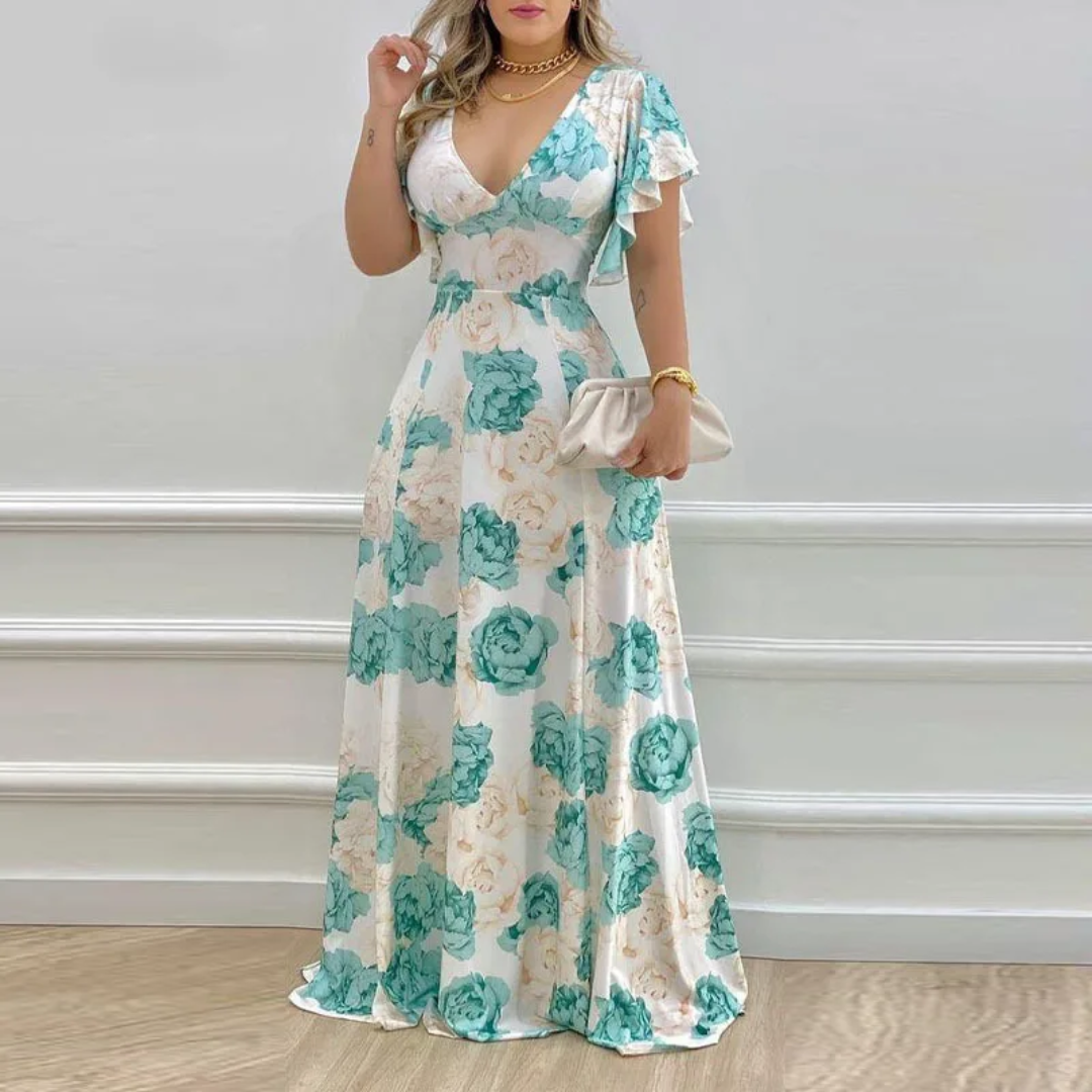 Vestido Longo Floral com Babados e Decote em V para Mulheres, Primavera e Verão. 218