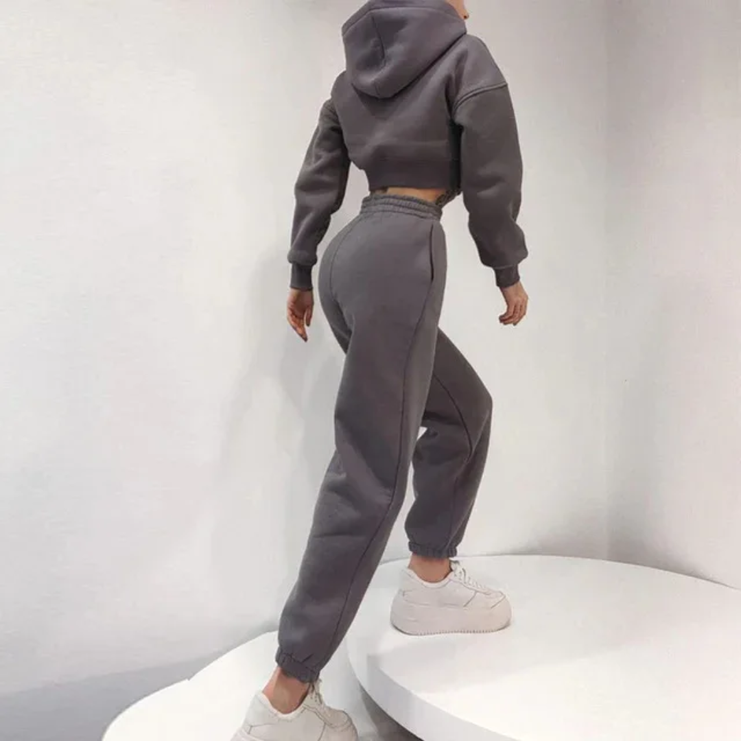 Conjunto feminino de top cropped com capuz e calça de moletom 208