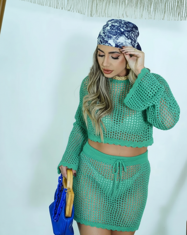 Conjunto de Roupa para Férias na Praia para Mulheres, Blusa de Tricô Casual com Recorte de Manga Longa e Saia de Cintura Alta 451