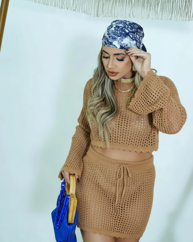 Conjunto de Roupa para Férias na Praia para Mulheres, Blusa de Tricô Casual com Recorte de Manga Longa e Saia de Cintura Alta 451