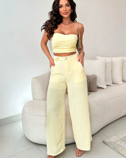 Conjunto Feminino Casual Elegante Calça Pantalona Cintura Alta e Cropped Duna 244