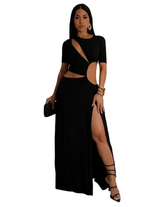 Vestido feminino justo, sexy, de manga curta, com recorte e fenda longa maxi 490