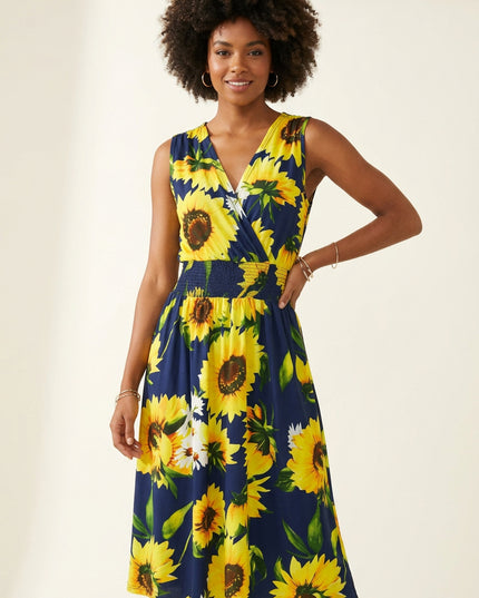 Vestido midi feminino de verão, solto, com decote em V transpassado, estampa abstrata, sem mangas e amarração nas costas 615