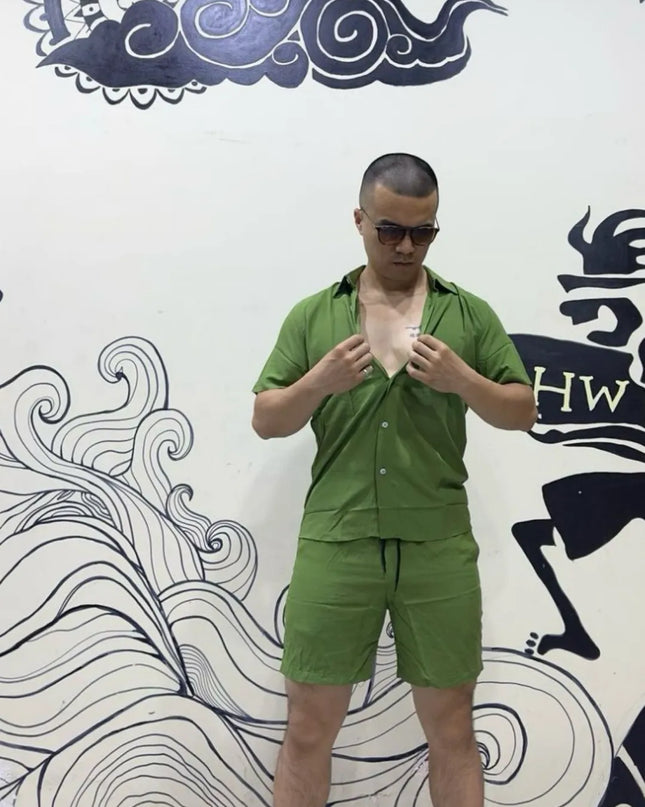 Camisa conjunto lisa masculina slim fite manga curta férias 268