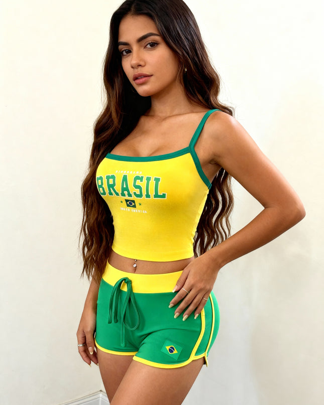 Conjunto de regata e shorts com bandeira brasileira feminino 69