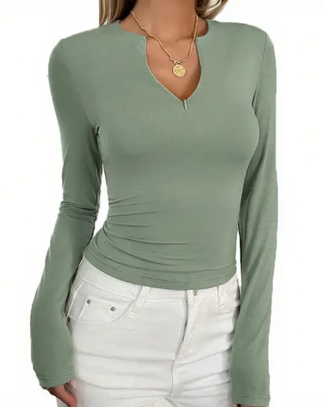 Camiseta Slim Fit de Manga Longa com Decote em V de Cor Sólida Casual 167