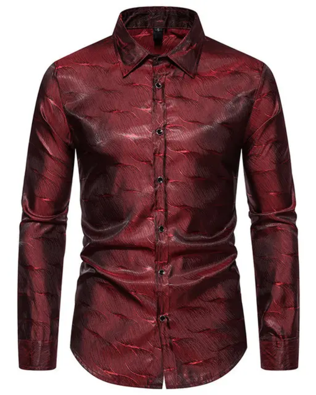 Homem Meia-Noite Camisa Masculina de Manga Longa com Gola Alta Jacquard, Ajuste Solto, Outono, Formal 591
