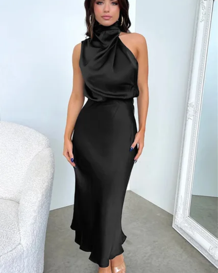 Vestido de Festa Elegante Sem Mangas de Gola Alta em Cetim, Vestido Semiformal de Coquetel 303