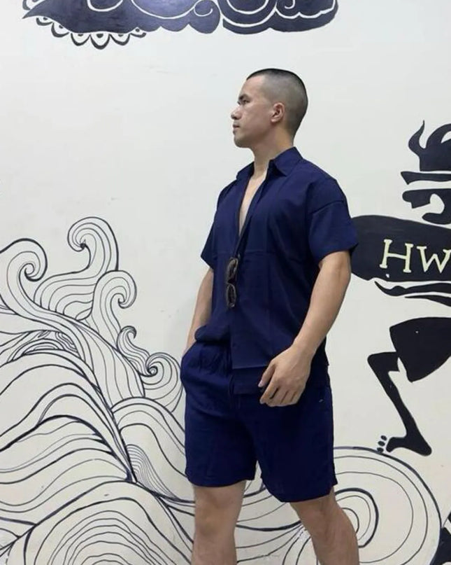 Camisa conjunto lisa masculina slim fite manga curta férias 268