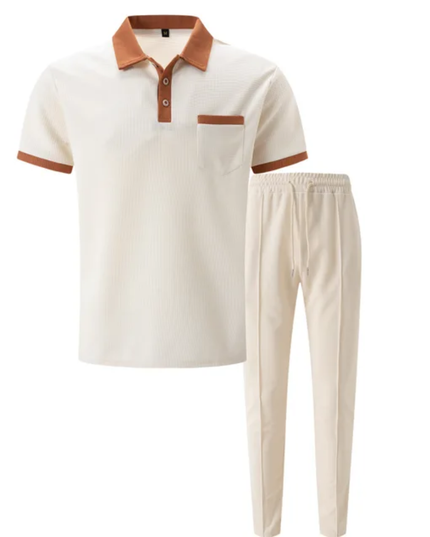 Men's Breathable Polo Shirt & Long Pants Set – Waffle Collar Edition