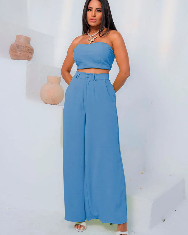 Conjunto Feminino Casual Elegante Calça Pantalona Cintura Alta e Cropped Duna 244