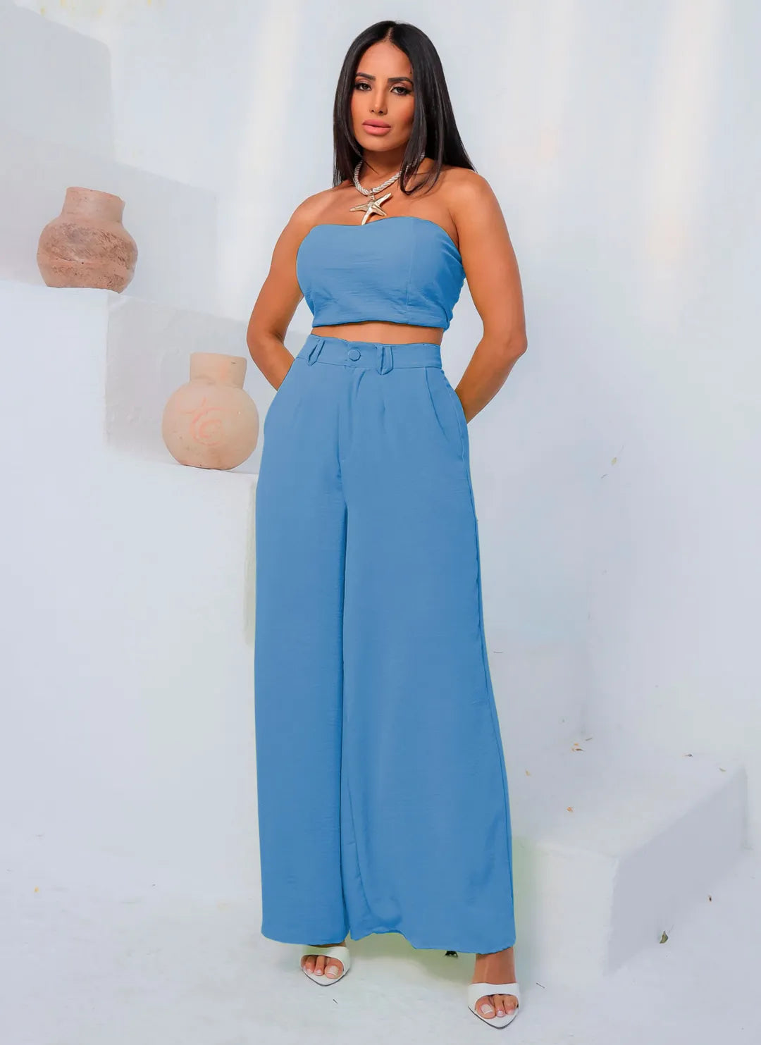 Conjunto Feminino Casual Elegante Calça Pantalona Cintura Alta e Cropped Duna 244